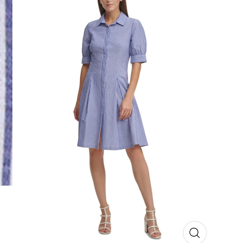 Women’s DKNY Blue Pleated Textured Button Down Striped Collar Party Shirt Dress